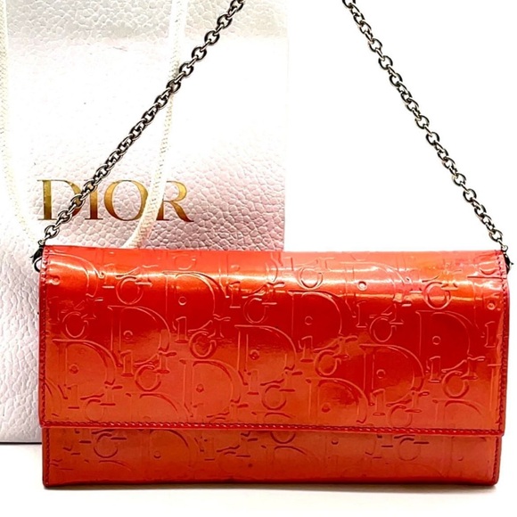 Dior Patent Leather wallet clutch with Embossed Monogram and short silver chain - Picture 1 of 9